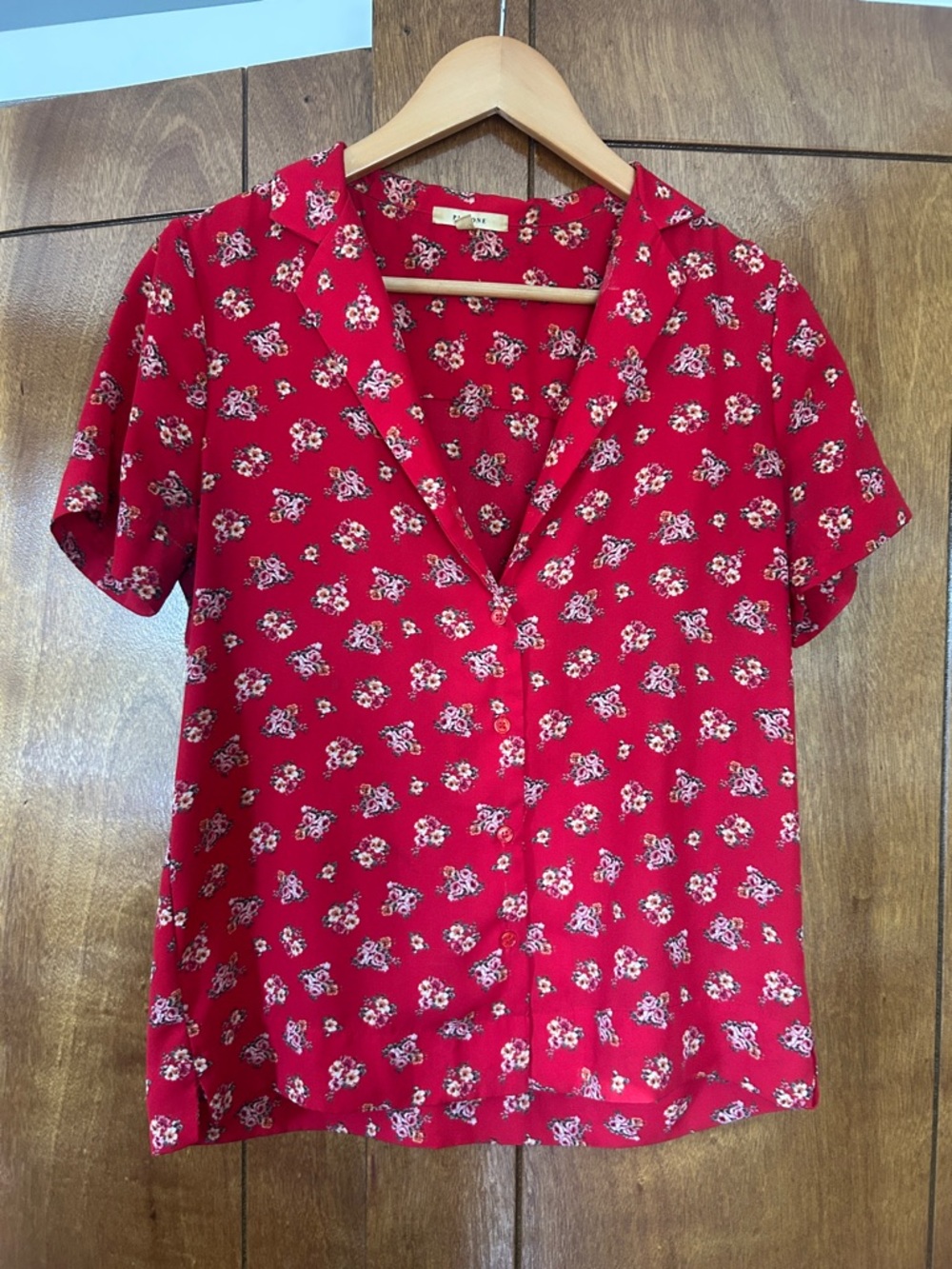 Pleione Red Floral Short Sleeve Button Down Blouse